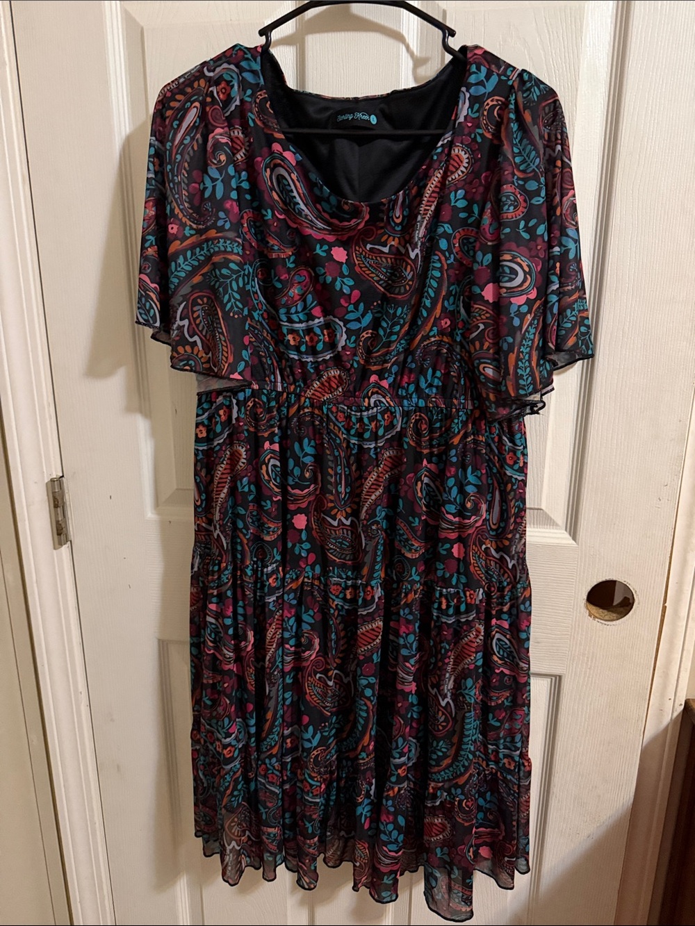 Paisley Midi Dress with Cowl Neck in Teal & Magenta
